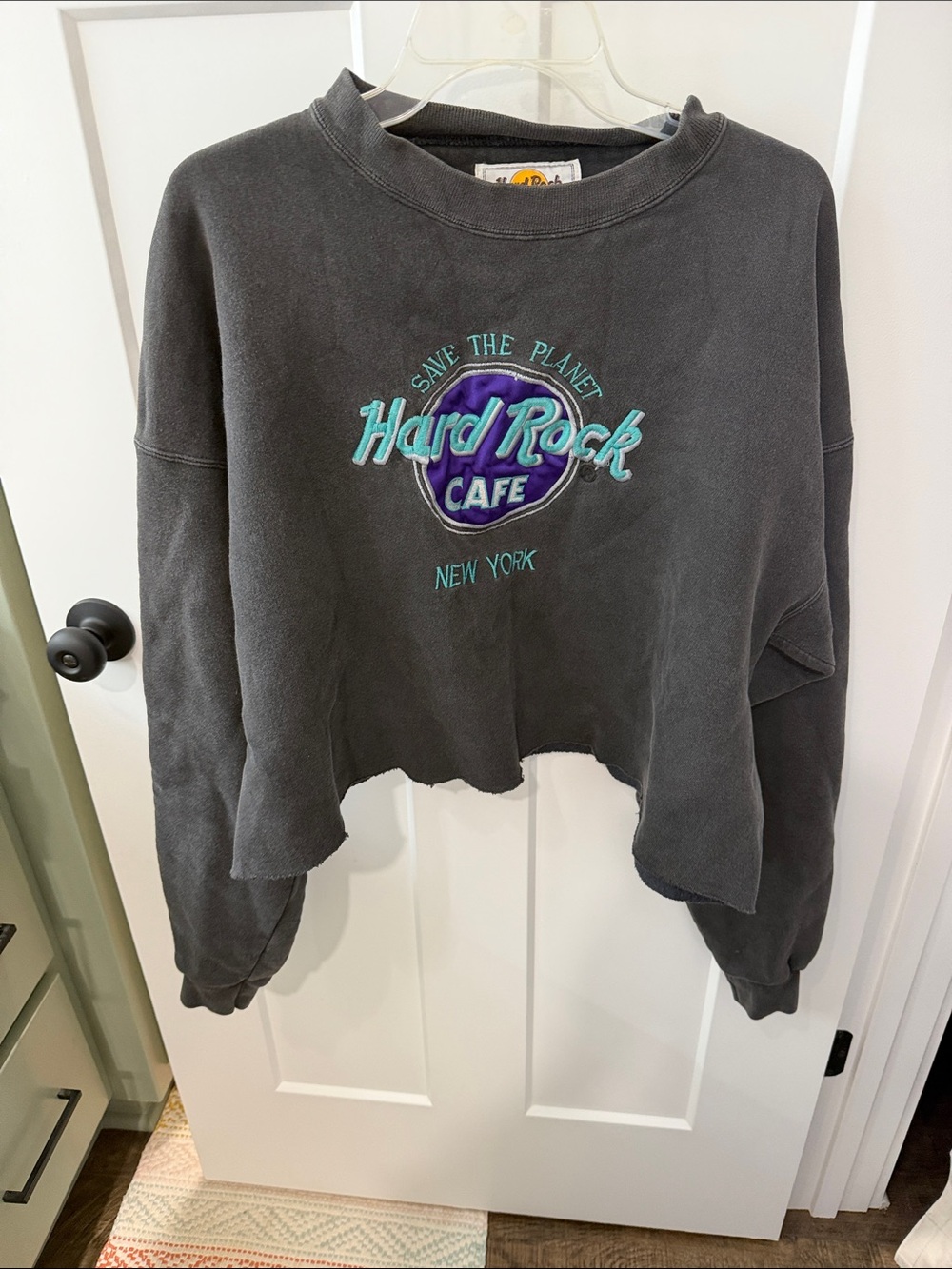 Hard Rock Cafe Charcoal Cropped Crewneck Sweatshirt with Teal & Purple Logo